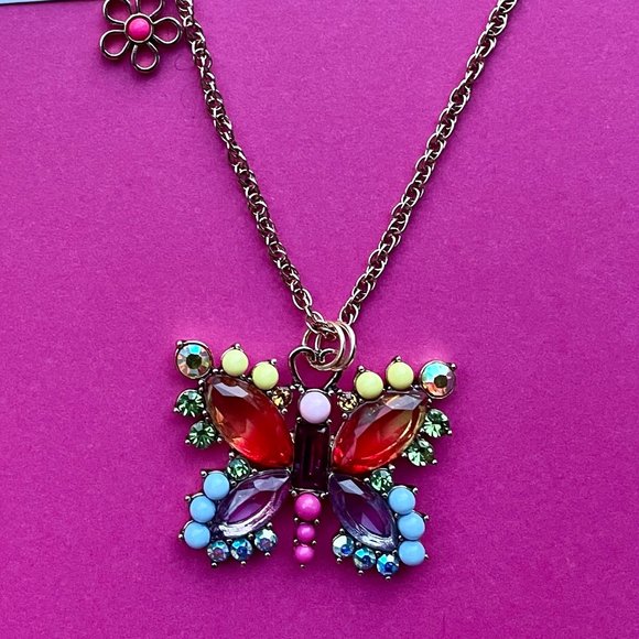 NWT Betsey Johnson Love Fest Rhinestone Butterfly Necklace Rainbow Multi - Picture 2 of 7